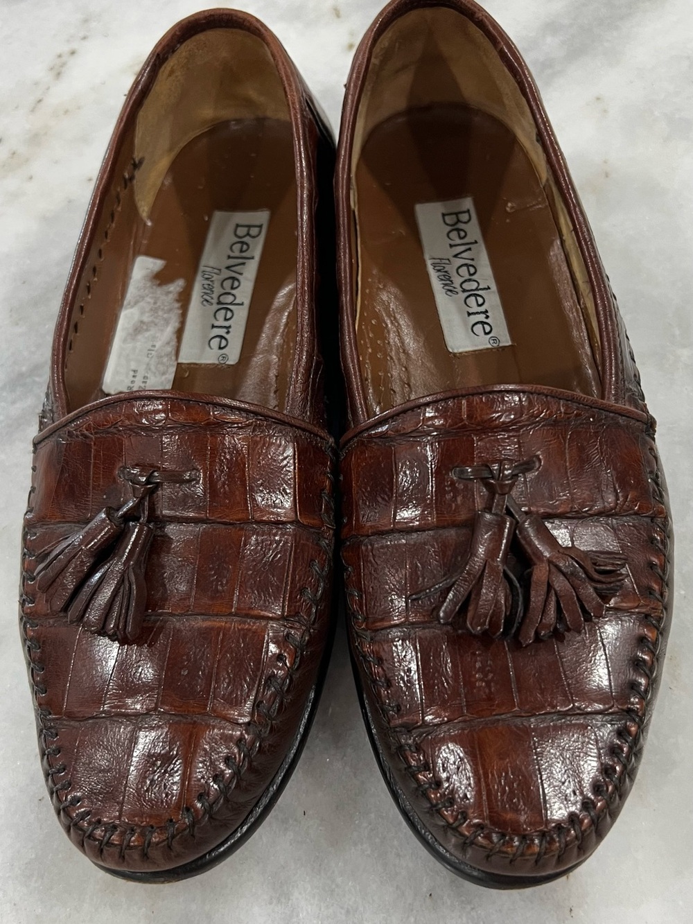 Belvedere Florence Italian Crocodile Leather Brown Tassel Loafers